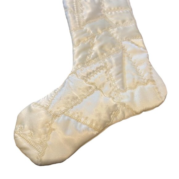 Vtg Handmade Ivory Satin Quilted Christmas Stocking 16.5” Ribbons - Picture 3 of 6